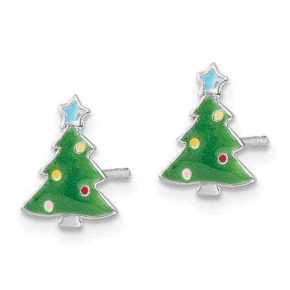 Sterlingsilber Rhodiniert Poliert Mehrfarbig Emailliert Weihnachten Baum Kinder Ohrstecker