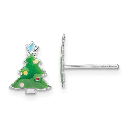 Sterlingsilber Rhodiniert Poliert Mehrfarbig Emailliert Weihnachten Baum Kinder Ohrstecker