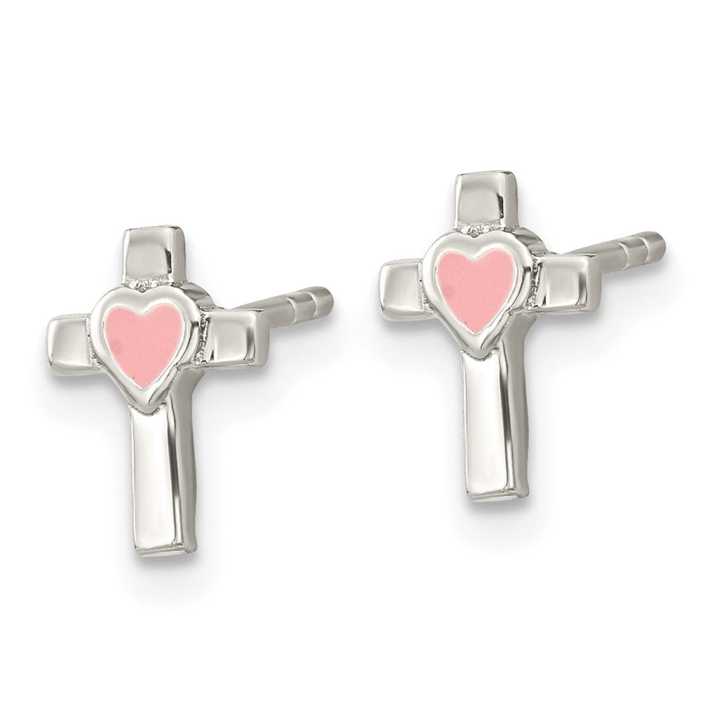 Sterlingsilber Rhodiniert Kreuz Rosa Emaille Herz Ohrstecker