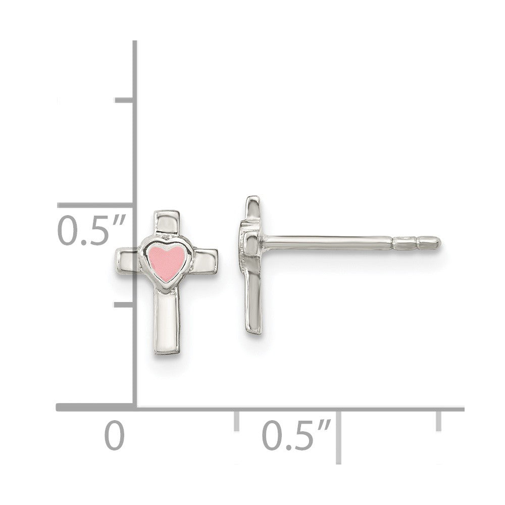 Sterlingsilber Rhodiniert Kreuz Rosa Emaille Herz Ohrstecker