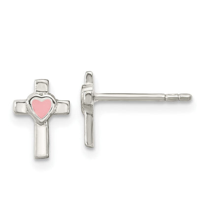 Sterlingsilber Rhodiniert Kreuz Rosa Emaille Herz Ohrstecker