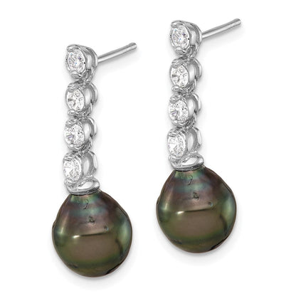 Sterlingsilber Rhodiniert 9-10mm Tahitian Perle/cz Stecker Ohrhänger