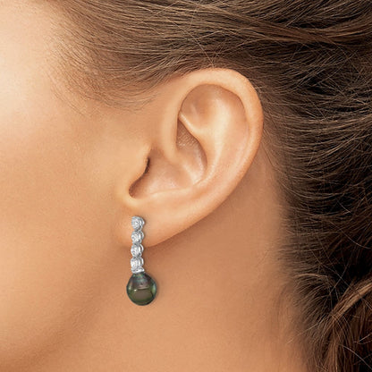 Sterlingsilber Rhodiniert 9-10mm Tahitian Perle/cz Stecker Ohrhänger