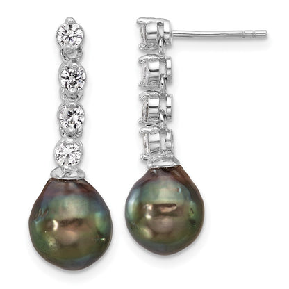 Sterlingsilber Rhodiniert 9-10mm Tahitian Perle/cz Stecker Ohrhänger