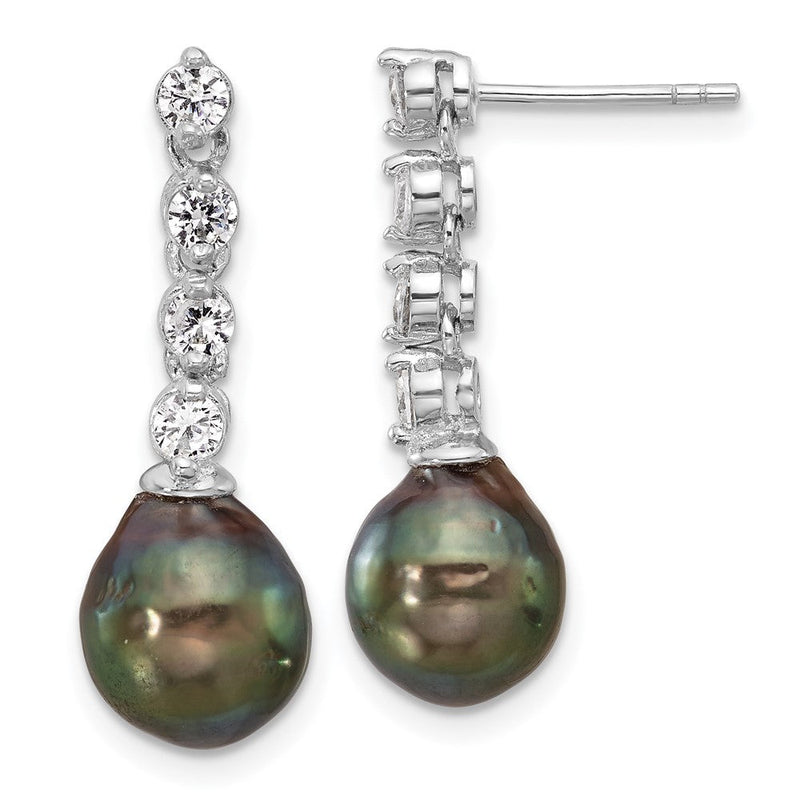 Sterlingsilber Rhodiniert 9-10mm Tahitian Perle/cz Stecker Ohrhänger