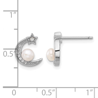 Sterlingsilber Rhodiniert Zirkonia und Fwc Perle Mond und Stern Ohrstecker