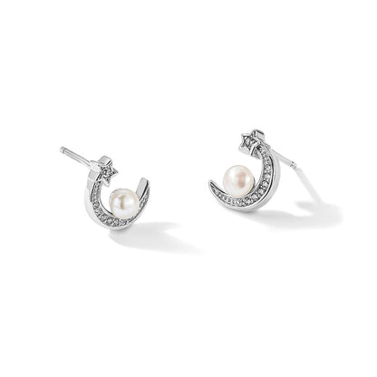 Sterlingsilber Rhodiniert Zirkonia und Fwc Perle Mond und Stern Ohrstecker