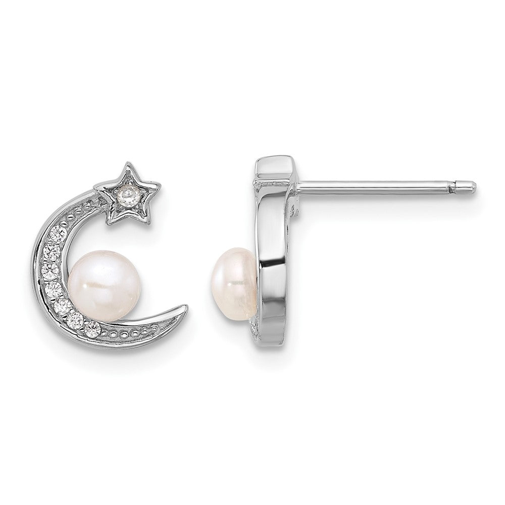 Sterlingsilber Rhodiniert Zirkonia und Fwc Perle Mond und Stern Ohrstecker