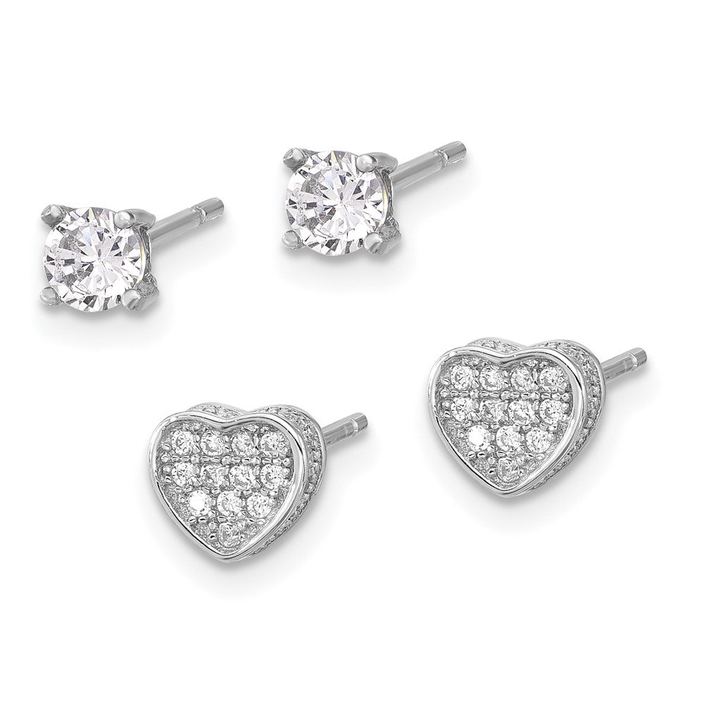 Sterlingsilber Rhodiniert Pavéé Zirkonia Herz/4mm Zirkonia Ohrstecker Set