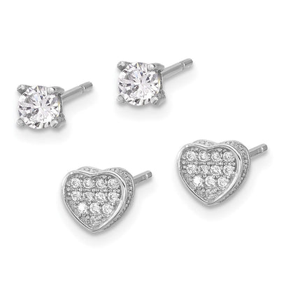 Sterlingsilber Rhodiniert Pavéé Zirkonia Herz/4mm Zirkonia Ohrstecker Set
