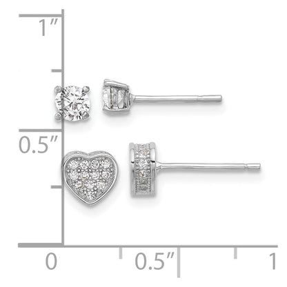 Sterlingsilber Rhodiniert Pavéé Zirkonia Herz/4mm Zirkonia Ohrstecker Set