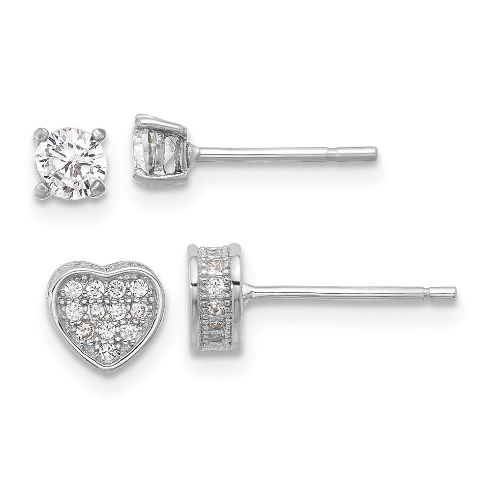 Sterlingsilber Rhodiniert Pavéé Zirkonia Herz/4mm Zirkonia Ohrstecker Set