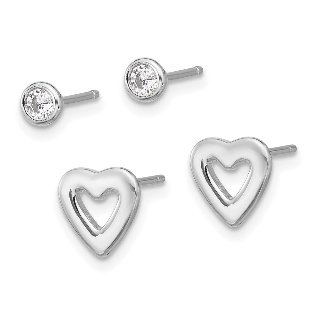 Sterlingsilber Rhodiniert Zirkonia und Herz Ohrstecker Set