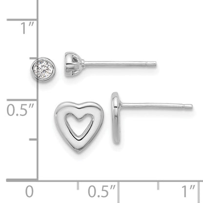 Sterlingsilber Rhodiniert Zirkonia und Herz Ohrstecker Set