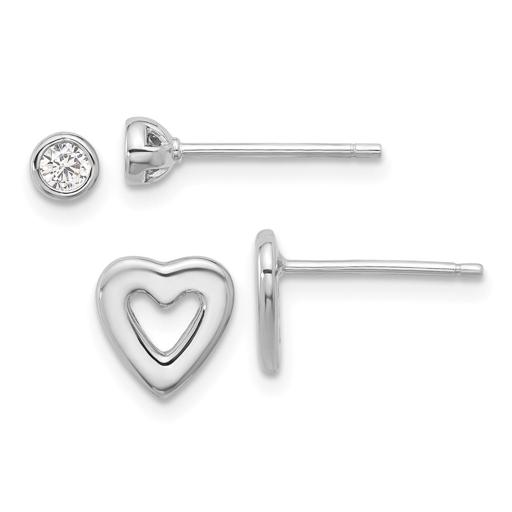 Sterlingsilber Rhodiniert Zirkonia und Herz Ohrstecker Set