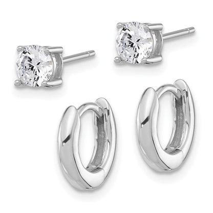 Sterlingsilber Rhodiniert 2.5mm Huggie Creolen/5mm Zirkonia Ohrstecker Set