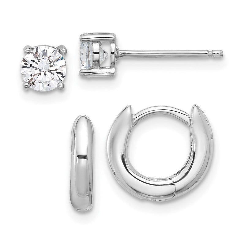Sterlingsilber Rhodiniert 2.5mm Huggie Creolen/5mm Zirkonia Ohrstecker Set