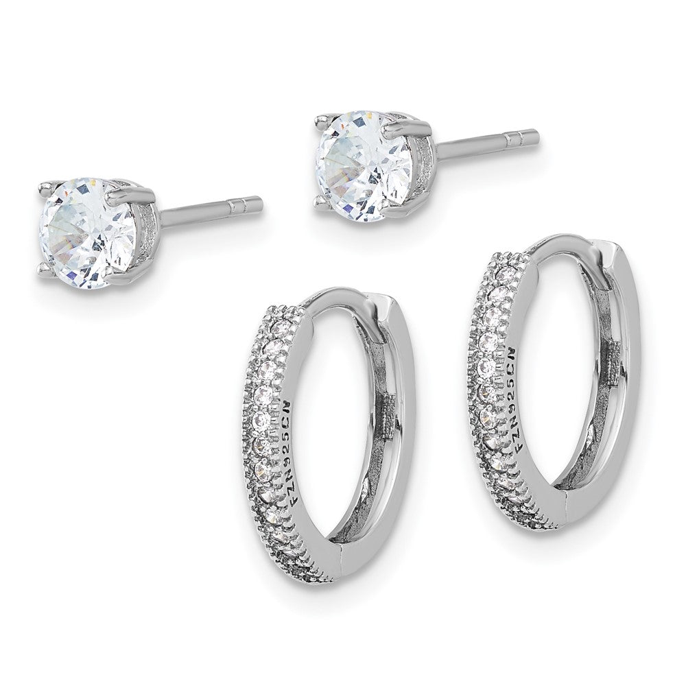 Sterlingsilber Rhodiniert Zirkonia 2mm Creole und 5mm Ohrstecker Stecker Ohrring Set