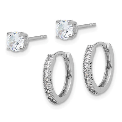 Sterlingsilber Rhodiniert Zirkonia 2mm Creole und 5mm Ohrstecker Stecker Ohrring Set