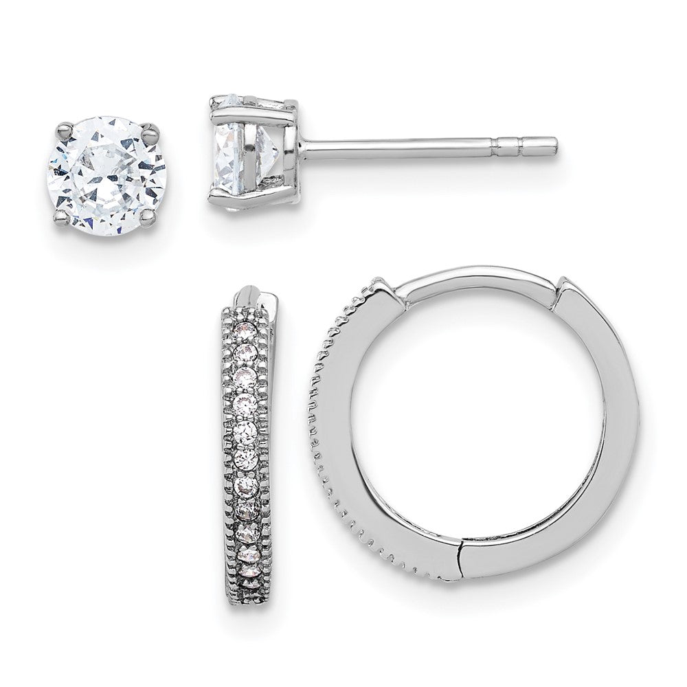 Sterlingsilber Rhodiniert Zirkonia 2mm Creole und 5mm Ohrstecker Stecker Ohrring Set