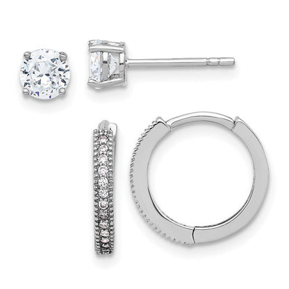 Sterlingsilber Rhodiniert Zirkonia 2mm Creole und 5mm Ohrstecker Stecker Ohrring Set