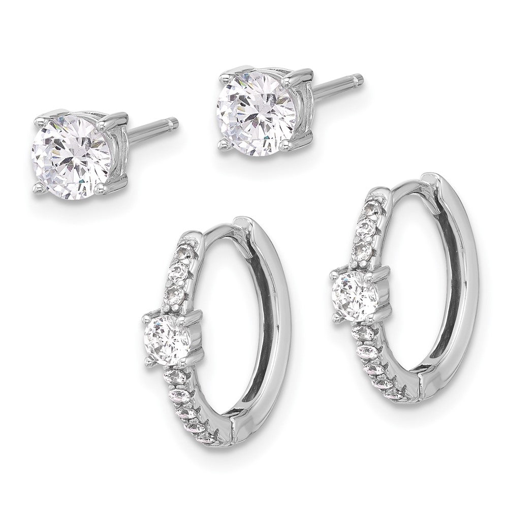 Sterlingsilber Rhodiniert 5mm Zirkonia Studs und Klappbar Creole Ohrring Set