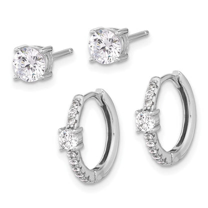 Sterlingsilber Rhodiniert 5mm Zirkonia Studs und Klappbar Creole Ohrring Set