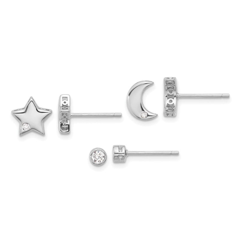 Sterlingsilber Rhodiniert Zirkonia Mond/star und Rund Set Of 3 Stecker Ohrring Set