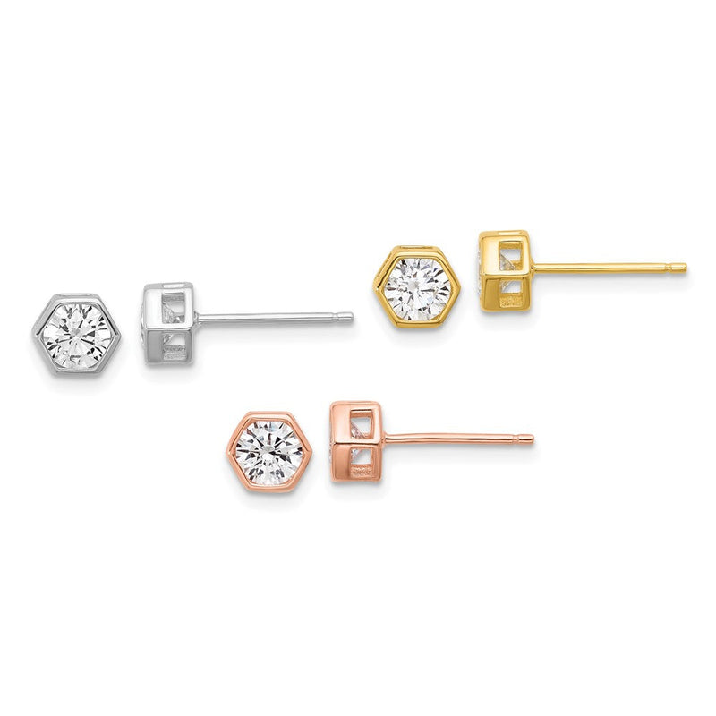 Sterlingsilber Rhodiniert Rose und Goldfarben Zirkonia Set Of 3 Stecker Ohrring Set