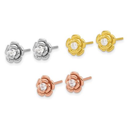 Sterlingsilber Rhod-plt/gold/roséfarben Zirkonia Rose 3 Pair Ohrringe Set