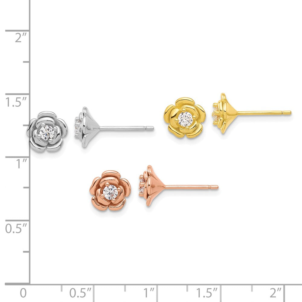 Sterlingsilber Rhod-plt/gold/roséfarben Zirkonia Rose 3 Pair Ohrringe Set