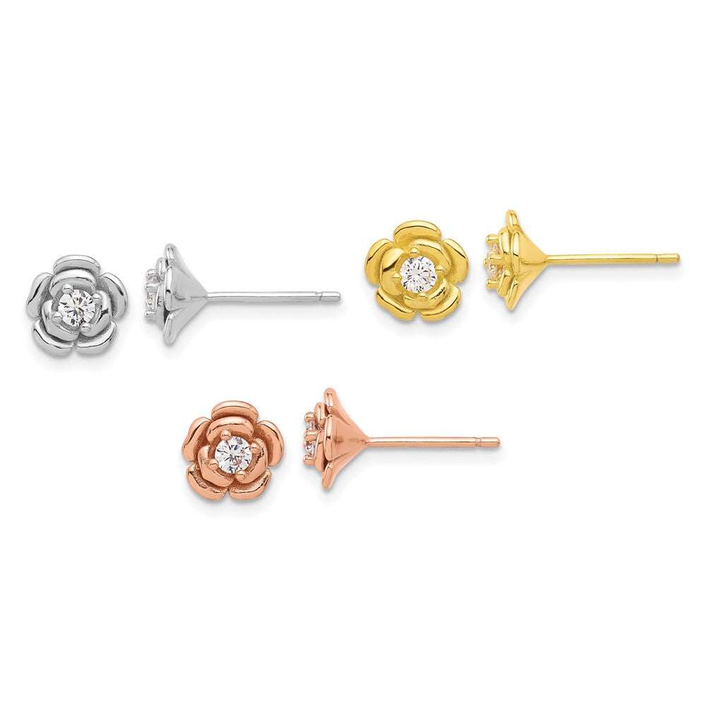 Sterlingsilber Rhod-plt/gold/roséfarben Zirkonia Rose 3 Pair Ohrringe Set