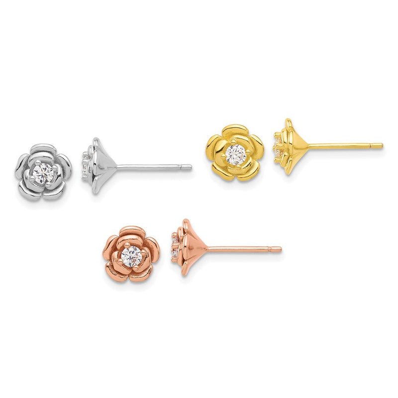Sterlingsilber Rhod-plt/gold/roséfarben Zirkonia Rose 3 Pair Ohrringe Set