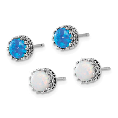 Sterlingsilber Rhodiniert 7mm Cr. Blau Opal / Weiß Opal Stecker Ohrring Set