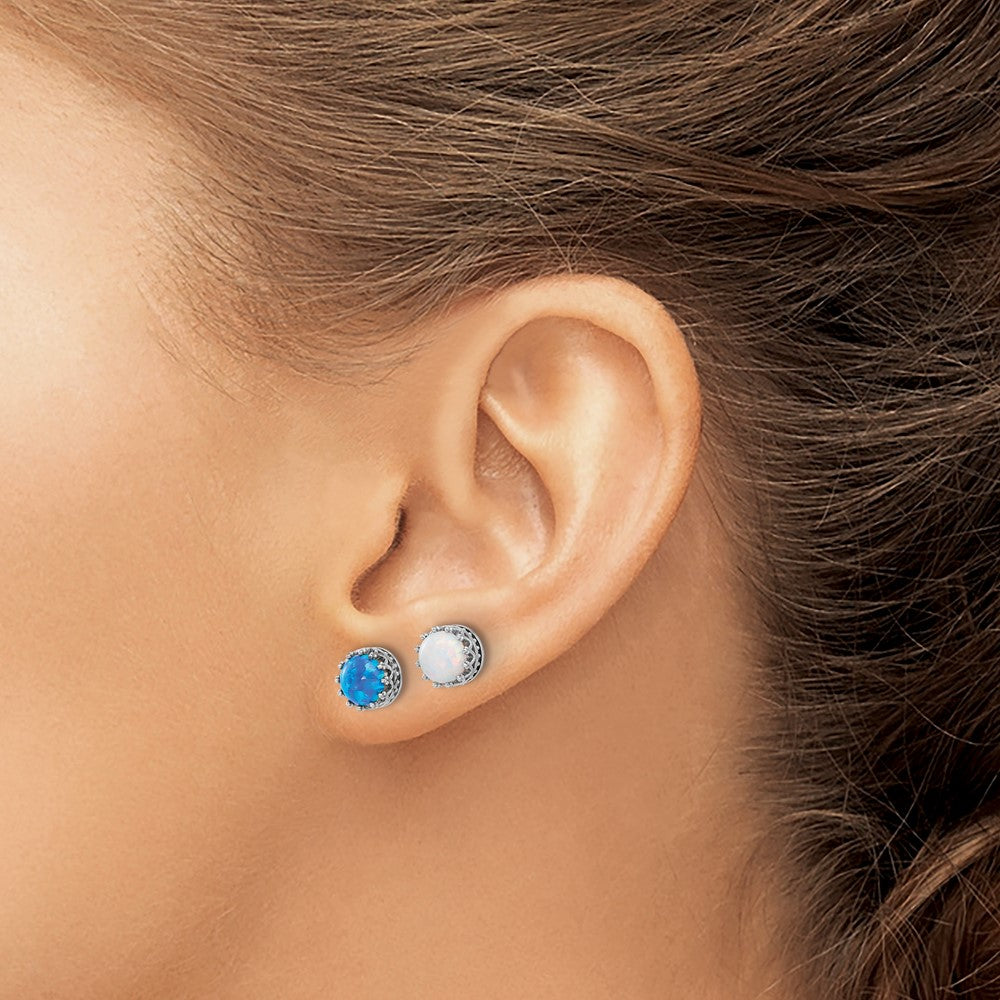 Sterlingsilber Rhodiniert 7mm Cr. Blau Opal / Weiß Opal Stecker Ohrring Set