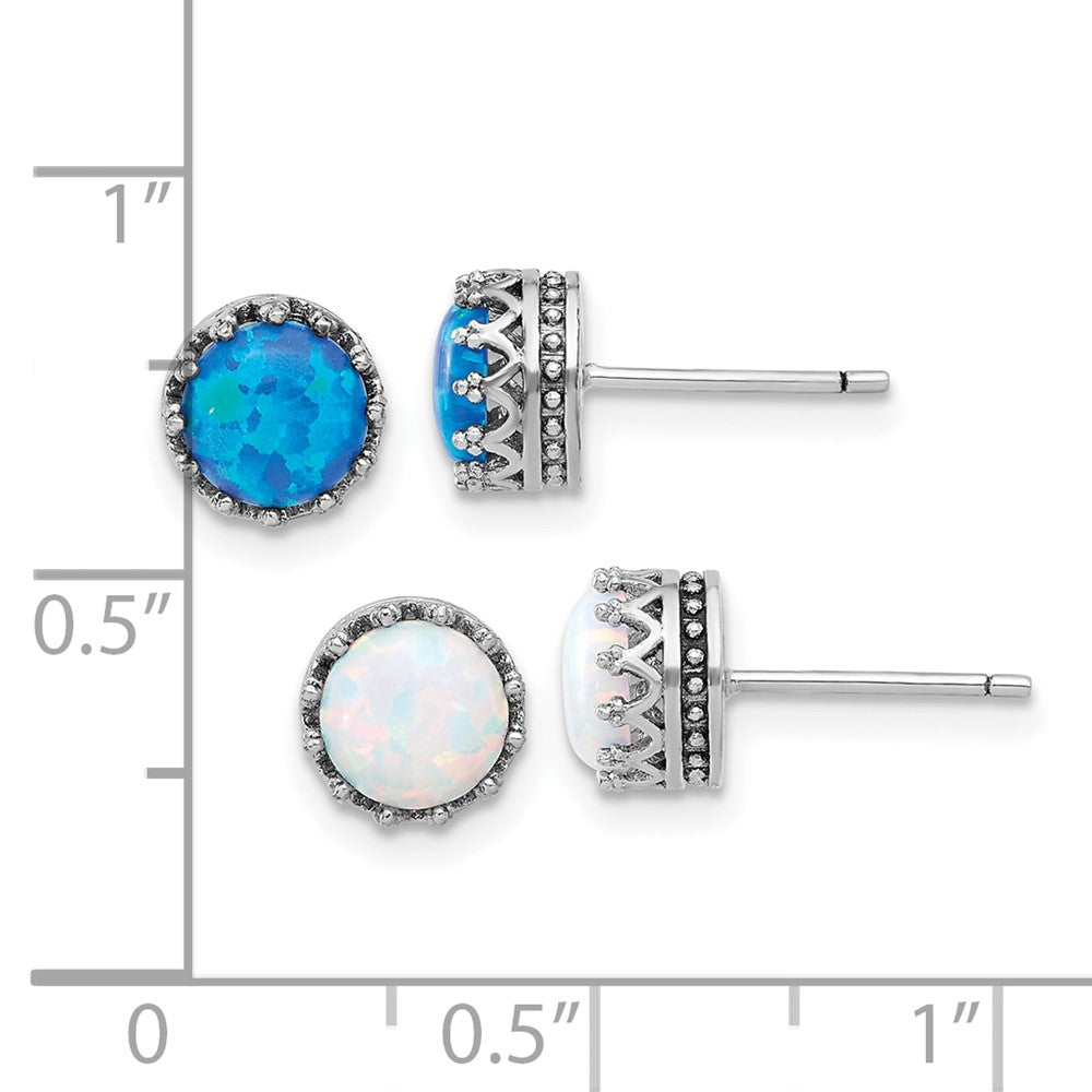 Sterlingsilber Rhodiniert 7mm Cr. Blau Opal / Weiß Opal Stecker Ohrring Set
