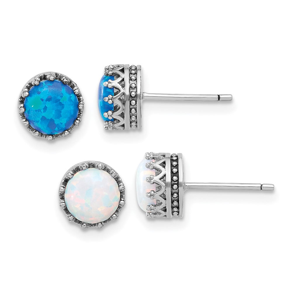 Sterlingsilber Rhodiniert 7mm Cr. Blau Opal / Weiß Opal Stecker Ohrring Set