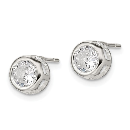 Sterlingsilber Poliert 7mm Rund Zirkonia Zargenfassung Set Ohrstecker