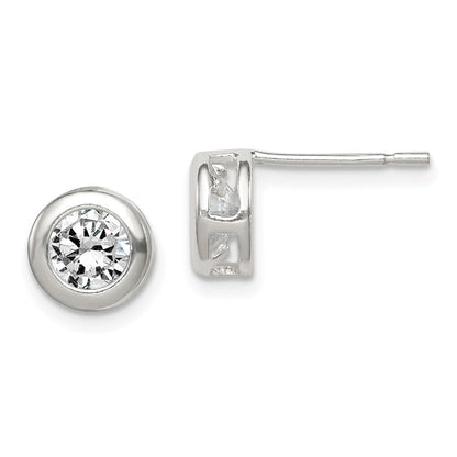 Sterlingsilber Poliert 7mm Rund Zirkonia Zargenfassung Set Ohrstecker