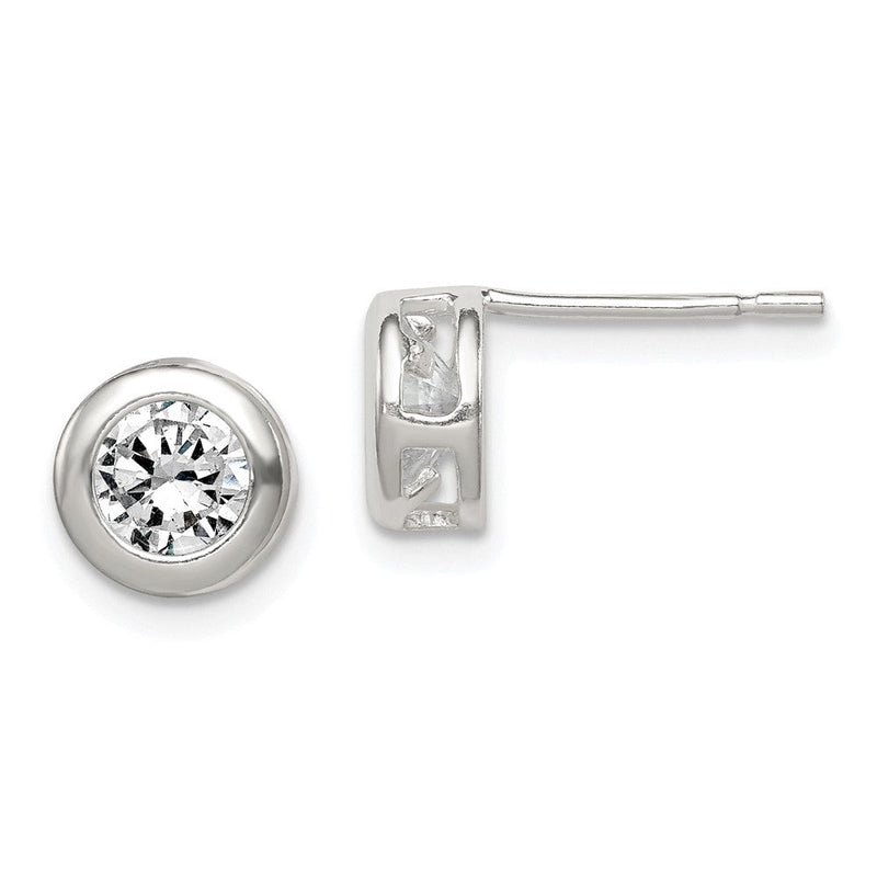 Sterlingsilber Poliert 7mm Rund Zirkonia Zargenfassung Set Ohrstecker