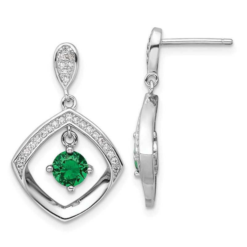 Sterlingsilber Rhodiniert Grün Glas und Klar Zirkonia Fantasie Quadratisch Ohrstecker