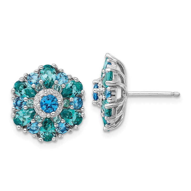 Sterlingsilber Rhodiniert Blau/green Nano Kristall und Zirkonia Blumen Ohrstecker