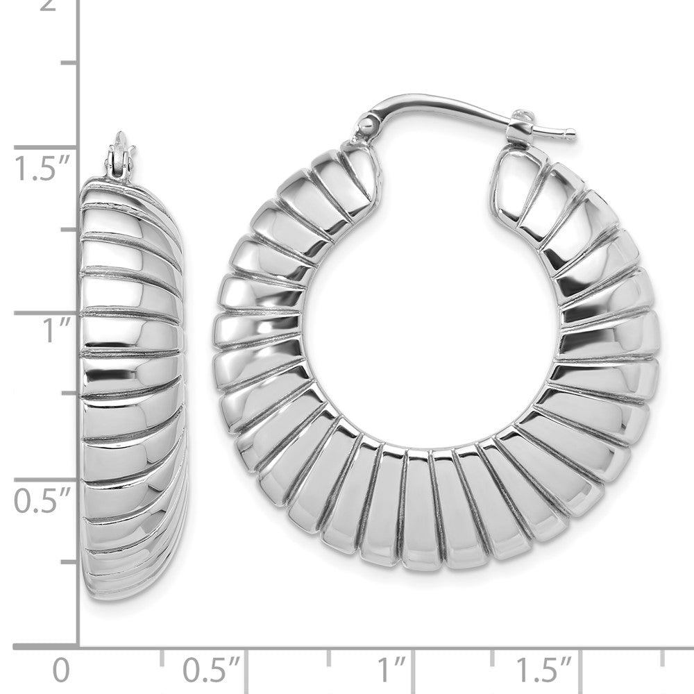 Sterlingsilber Rhodiniert Poliert und Striped Groß Rund Creolen