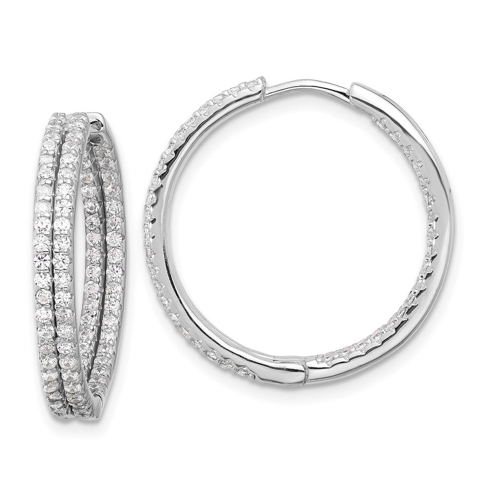 Sterlingsilber Rhodiniert Doppelt Reihe Zirkonia in und Außen Creolen