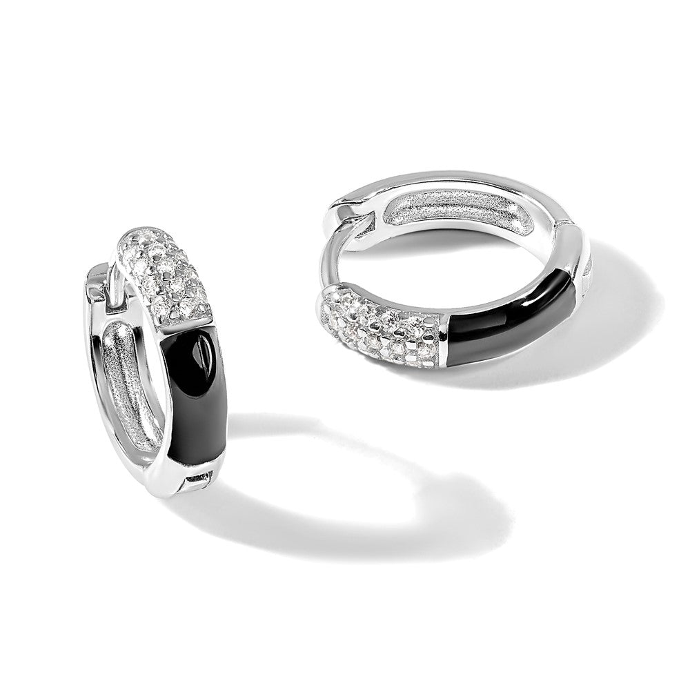 Sterlingsilber Glanz Platin-beschichtet Zirkonia Schwarz Emaille Creolen