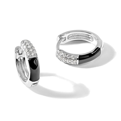 Sterlingsilber Glanz Platin-beschichtet Zirkonia Schwarz Emaille Creolen