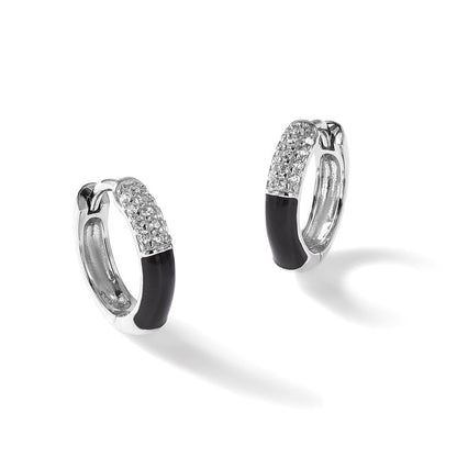 Sterlingsilber Glanz Platin-beschichtet Zirkonia Schwarz Emaille Creolen