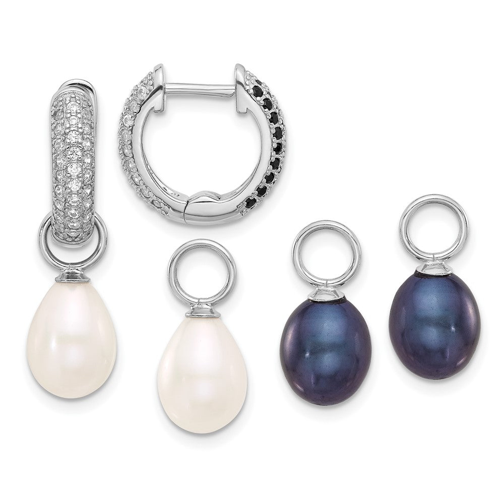 Sterlingsilber Rhodiniert 7-8mm Fwc Perle/cz Interchangeable Ohrringe Set