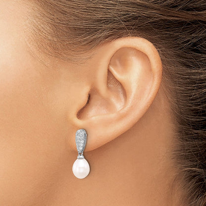 Sterlingsilber Rhodiniert 8-9mm Fwc Perle und Zirkonia Stecker Ohrhänger