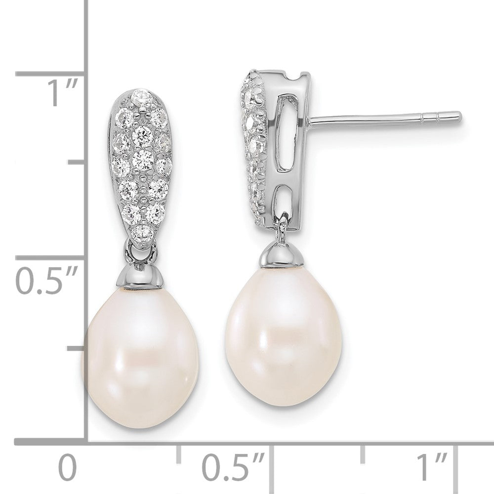 Sterlingsilber Rhodiniert 8-9mm Fwc Perle und Zirkonia Stecker Ohrhänger